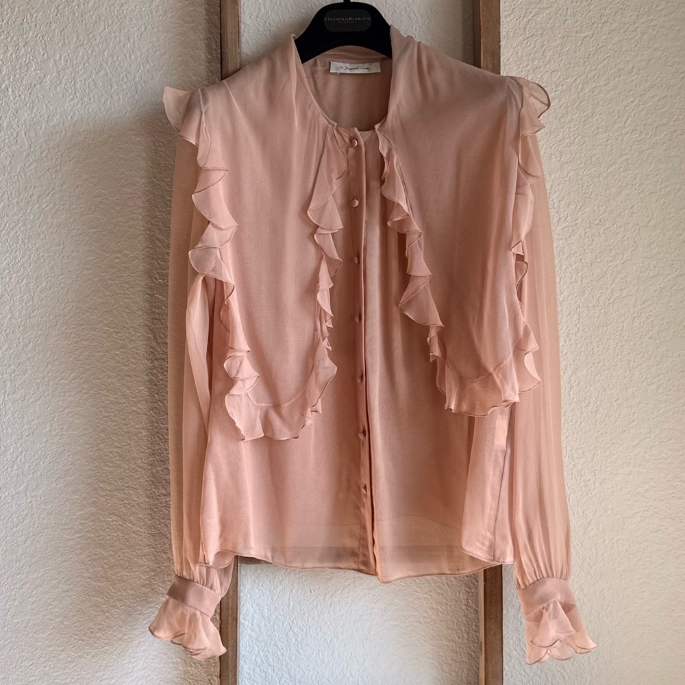 Oscar de la Renta Mauve Pink Chiffon Ruffle Button Down Blouse Sz: 12